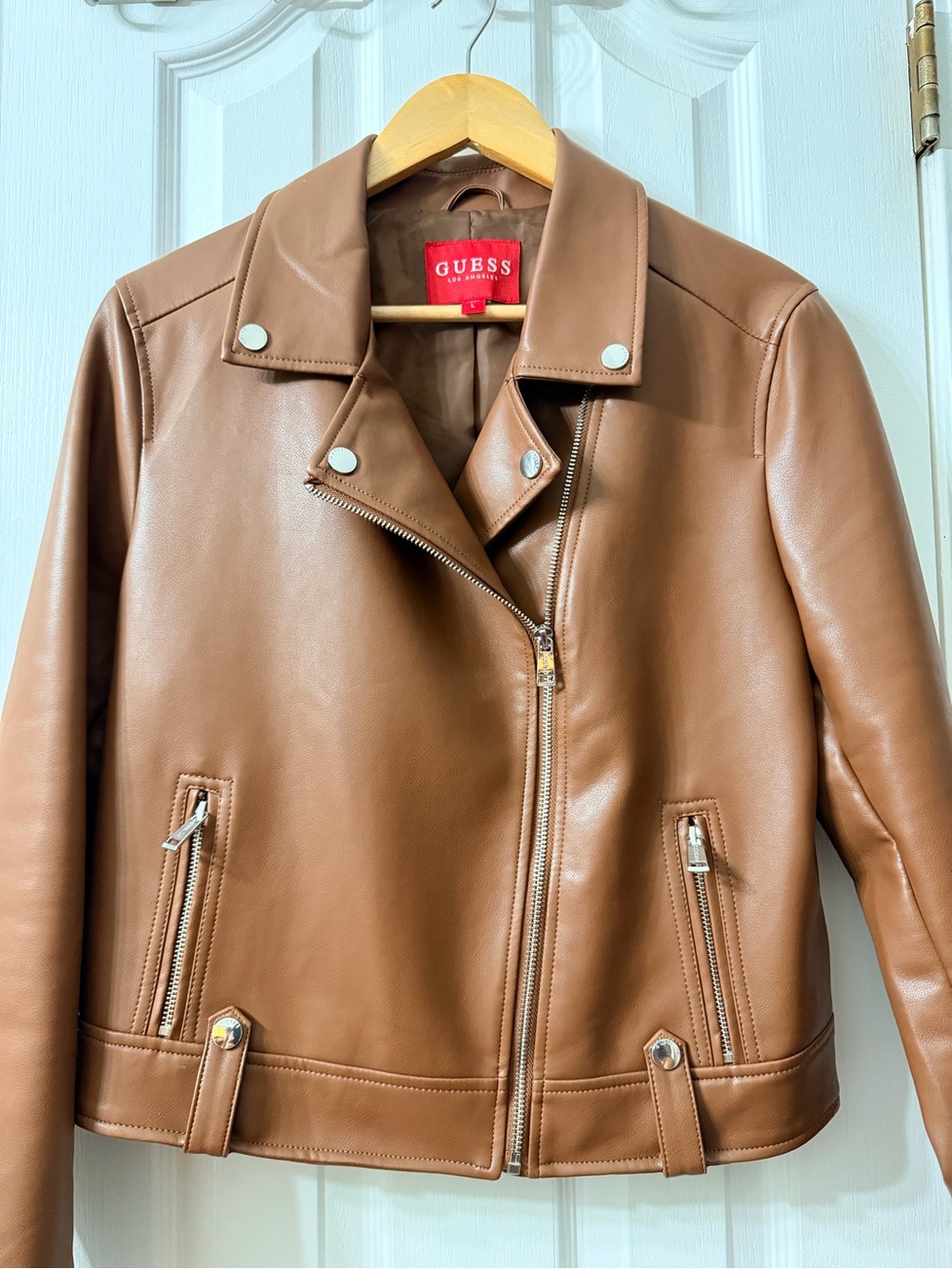 GUESS Tan Faux Leather Moto Jacket with Silver Hardware